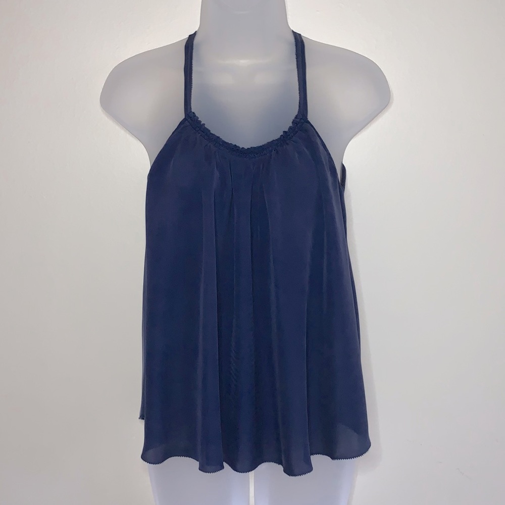 JOIE Galaxite Women's Navy Blue Sleeveless Pleated Silk Halter Tank Top - Sz. XS